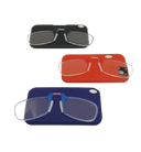 Three ultra-light reactangle reading glasses (black, red, blue) from the home brand Framed! that can stick on the back of your cellphone
