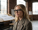 Side angle of a woman wearing black framed eyeglasses. 