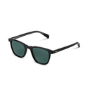 Black square sunglasses with dark green lenses, shown at a three-quarter angle on a clean white background.