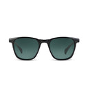 A pair of square sunglasses with a thick black frame and dark green-tinted lenses, shown against a plain white background.