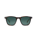 A pair of square sunglasses with a dark tortoiseshell frame and dark green lenses, shown from the front on a solid white background.