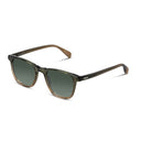 A pair of classic-style sunglasses with a translucent olive frame and dark lenses, shown on a plain white background.