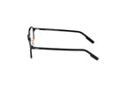 Side angle of black square-framed glasses on a white background. 