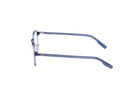Side angle of blue-framed eyeglasses on a white background. 