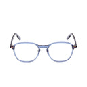 Blue eyeglasses on a white background. 