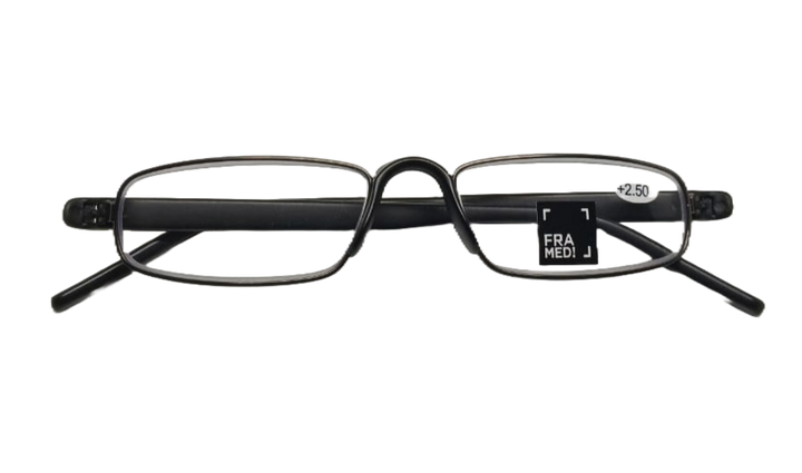 black metal rectangle reading glasses from our home brand Framed!