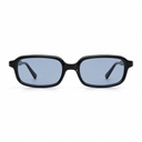 Black-framed sunglasses with blue lenses on a white background.