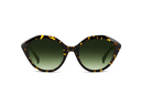 Cat-eye sunglasses with a glossy black and yellow tortoiseshell patterned frame and dark green gradient lenses, shown against a plain white background.