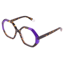 Eyeglasses with a tortoiseshell and purple frame on a white background