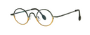 A pair of round eyeglasses with a gold and black frame design.