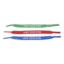 3 eyewear straps with love your eyes written on it - green red and blue