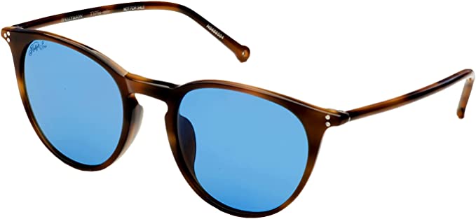 Hally & Son designer sunglasses - round turtoise frames with blue lenses - side photo