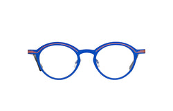 Matttew round frames - Electric  blue frames with orange design - front photo
