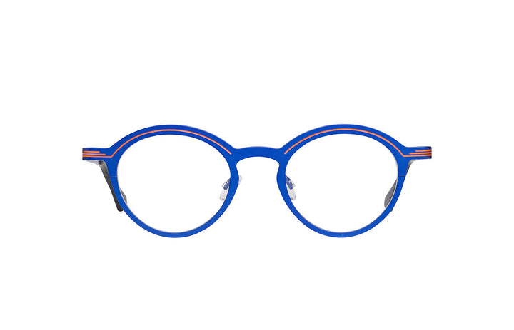 Matttew round frames - Electric  blue frames with orange design - front photo