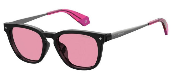 Polaroid rectangle black sunglasses with pink lenses - side photo
